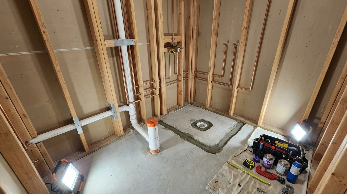Bathroom rough-in plumbing during remodel by Johns Plumbing LLC in Murphy