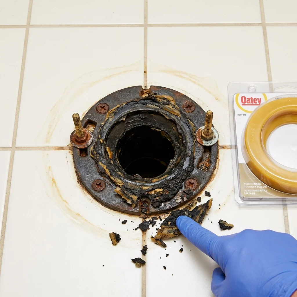 Failed wax ring showing water seepage at the base of a toilet in a Murphy, NC home